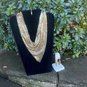 Whiting & Davis Vintage 70s Gold Tone Chain Mesh Necklace and Dangle Earrings
